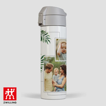 Thermos personnalisé de la marque Zwilling avec des photos de famille avec un jeune enfant