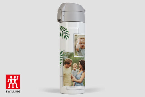 Thermos personnalisé de la marque Zwilling avec des photos de famille avec un jeune enfant