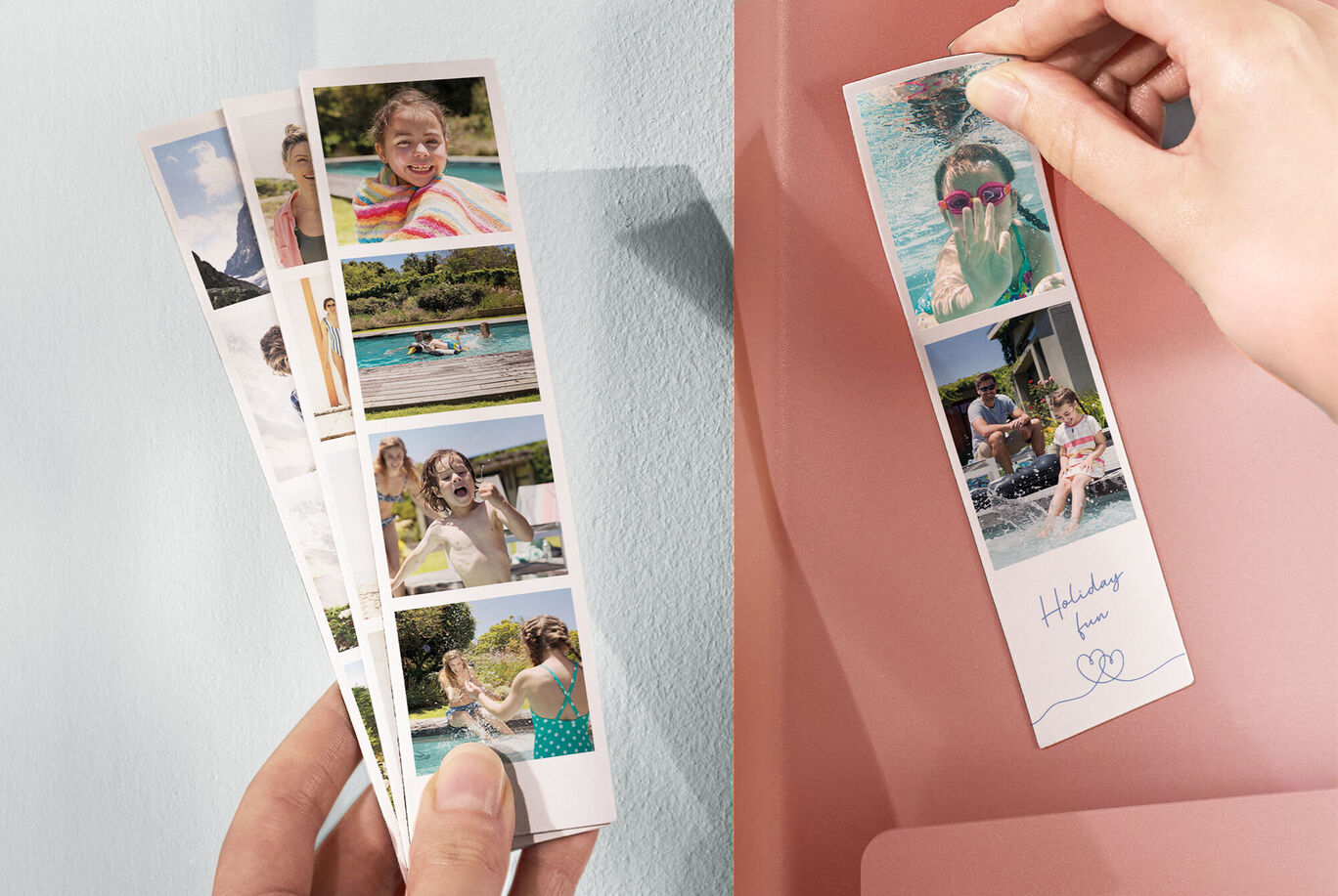 Des mains tenant des magnets photo cabine