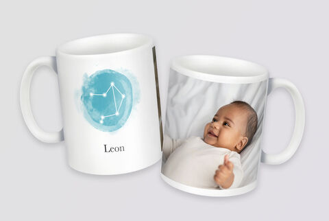 Tasse personnalisée avec photo d'enfant et signe du zodiaque.