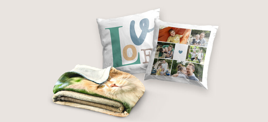 2 coussins et un plaid personnalisés avec photos