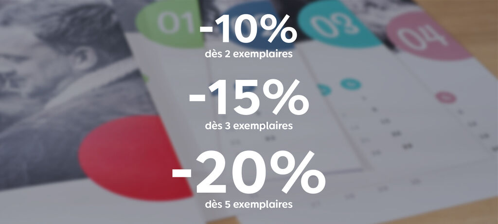 Encart indiquant des tarifs dégressifs : -10% pour 2 calendriers achetés, -15% dès 3 calendriers et -20% à partir de 5 calendriers photo