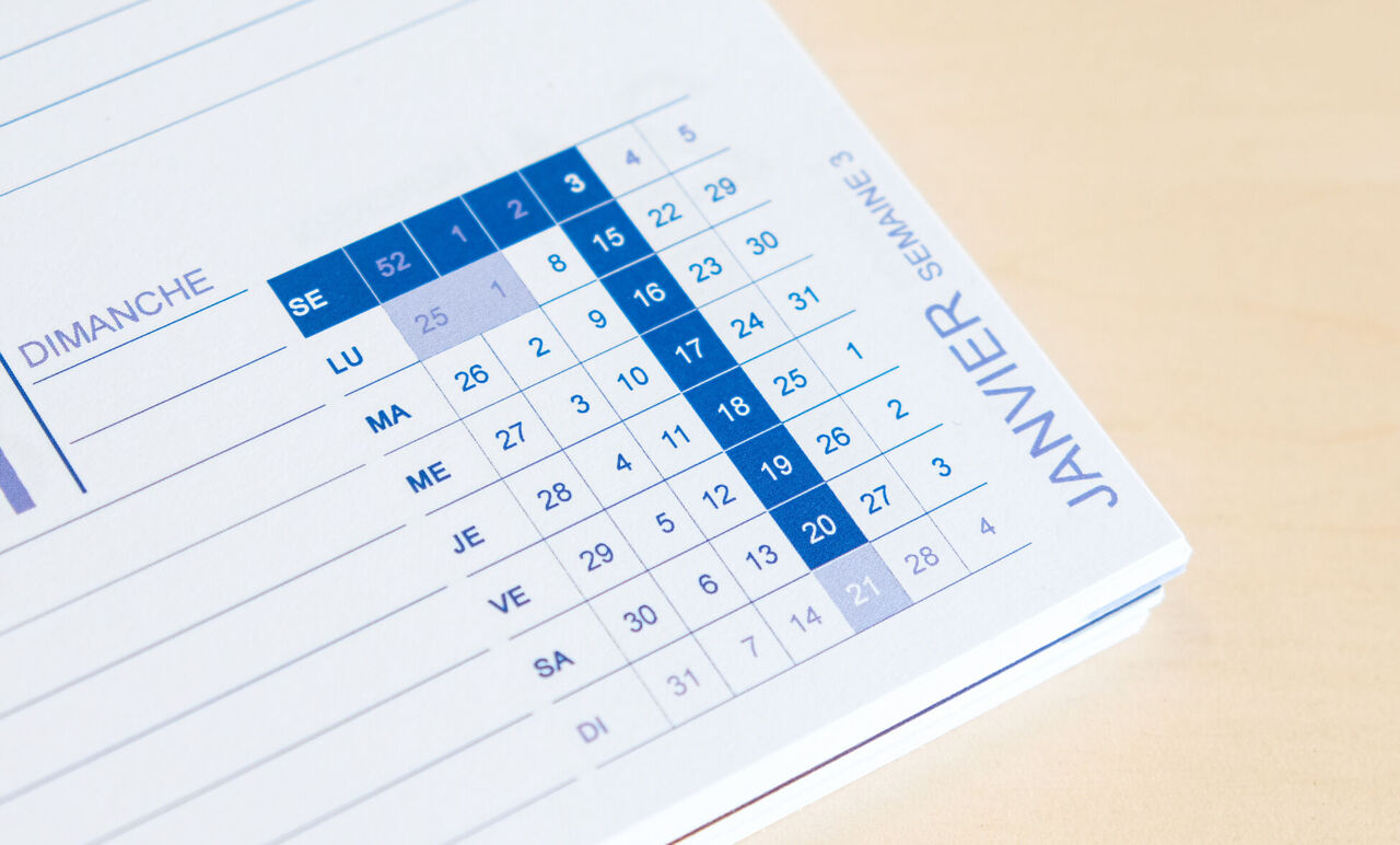 Un calendrier avec des feuilles pour le mois de janvier. La semaine commence lundi et se termine dimanche.