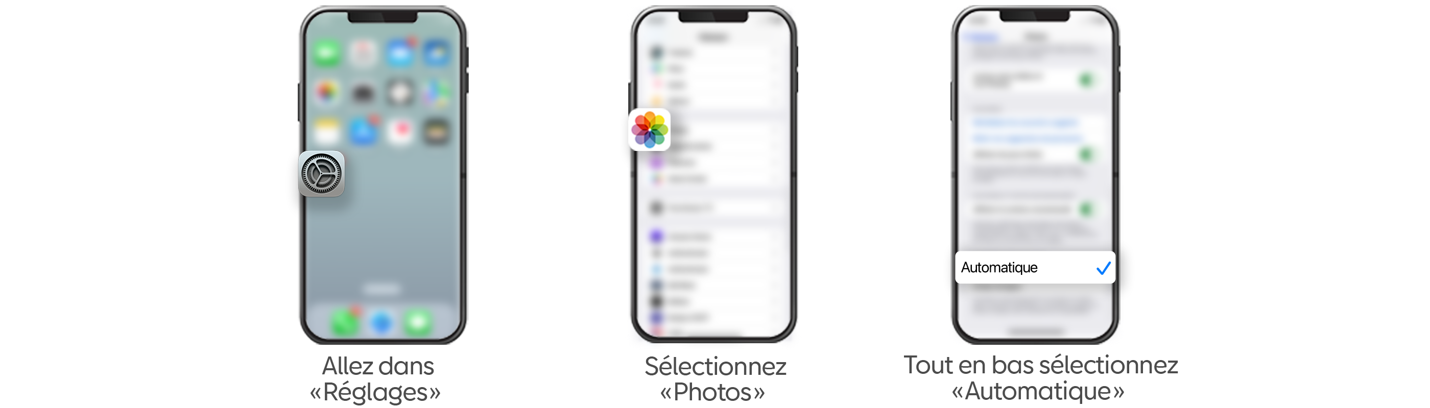 Écran d'un smartphone avec trois étapes pour choisir des photos dans l'appli 'Photos'