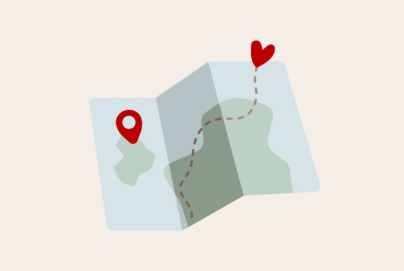 Un dépliant stylisé avec une carte et une route menant à un cœur. Un point de départ est marqué en rouge.