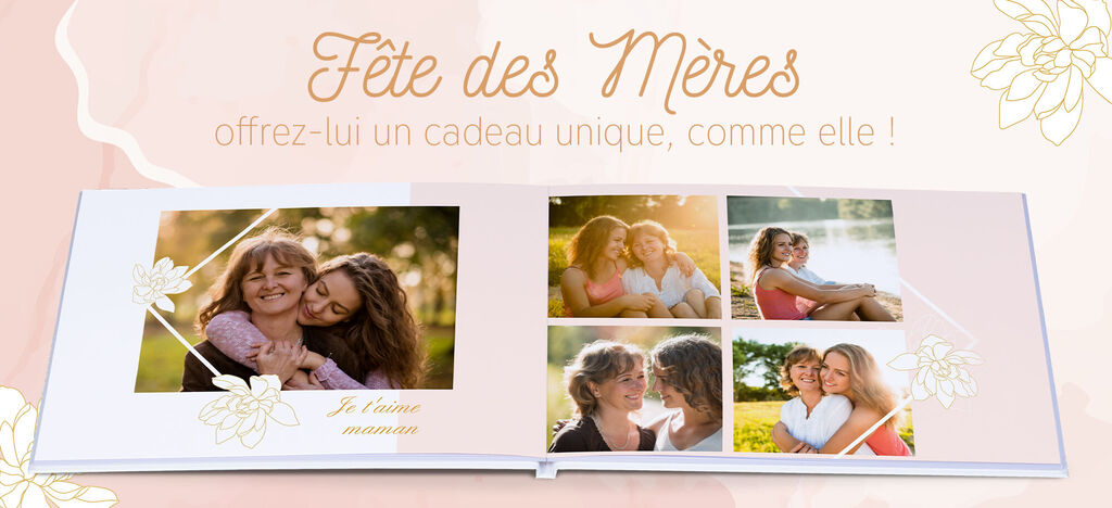 Un album photo ouvert montre des moments d'amour entre des personnes.