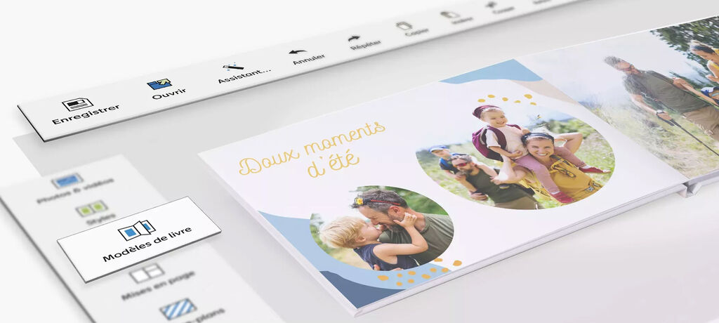 Deux pages d'album photo avec des photos de famille et un design joyeux.