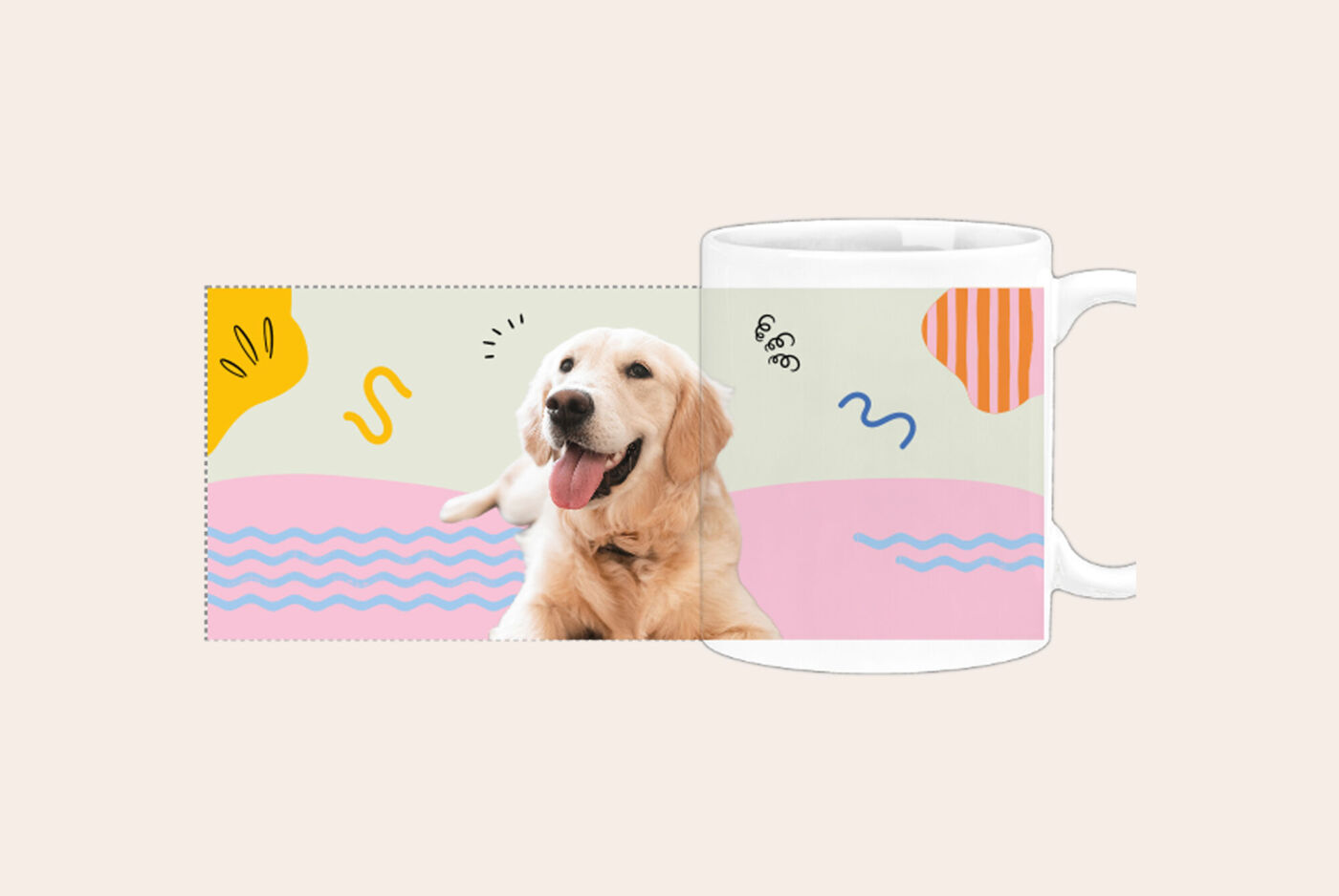 Mug panorama personnalisé avec un chien détouré et motifs graphiques