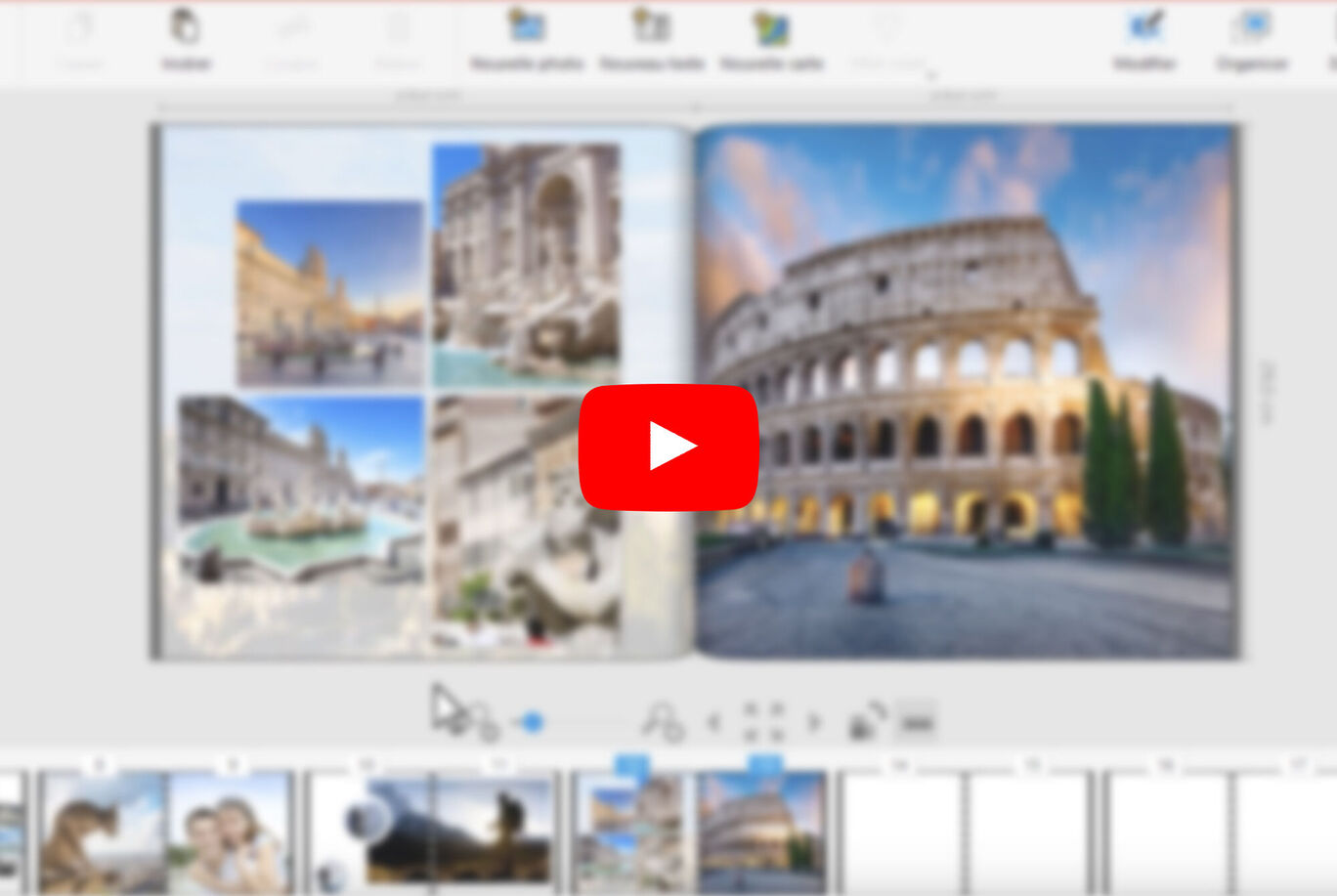 CEWE FOTOBUCH avec une vue des pages montrant des sites à Rome et une icône vidéo.