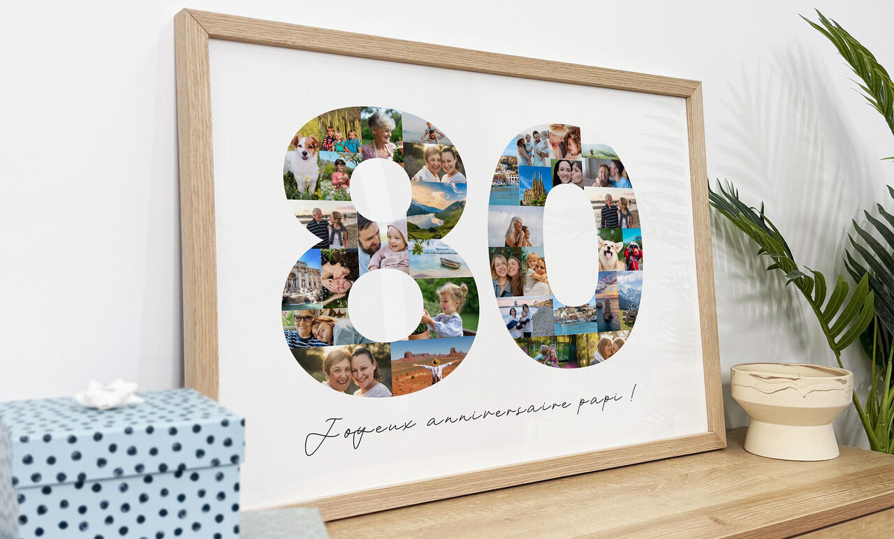 Affiche anniversaire personnalisée avec mosaïque de photos formant le nombre 80 dans un cadre en bois