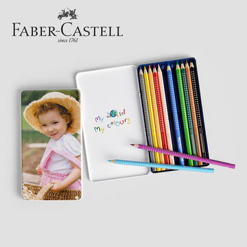 Un ensemble coloré de crayons Faber-Castell dans une boîte au design créatif