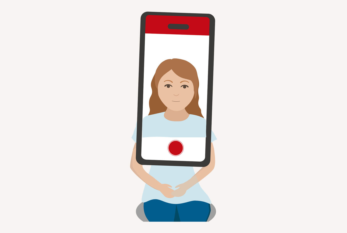 Une personne aux longs cheveux tenant un smartphone montrant une image rouge.