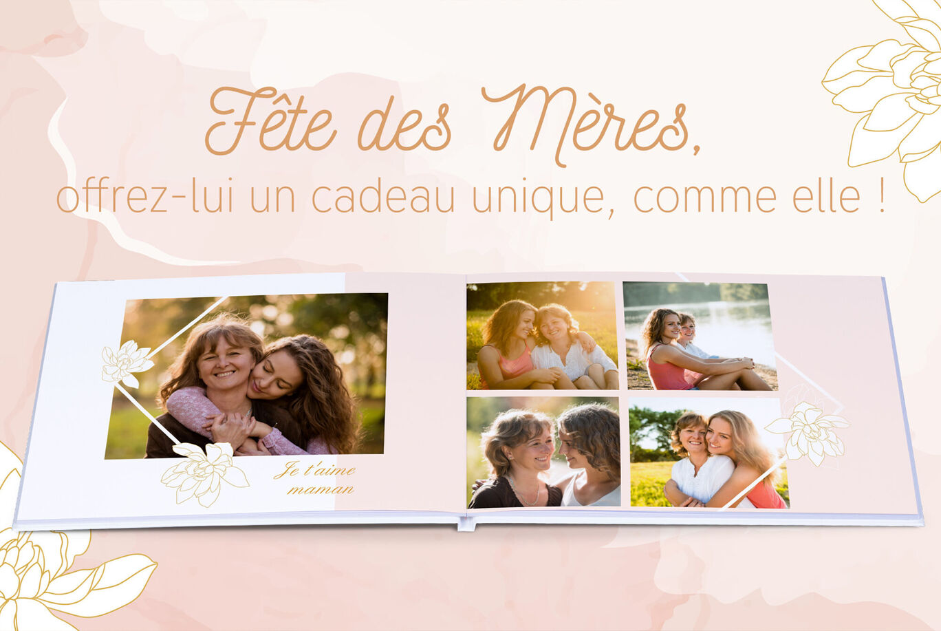 Deux photos de famille dans un album photo CEWE conçu avec amour pour la fête des mères, entourées de motifs floraux.