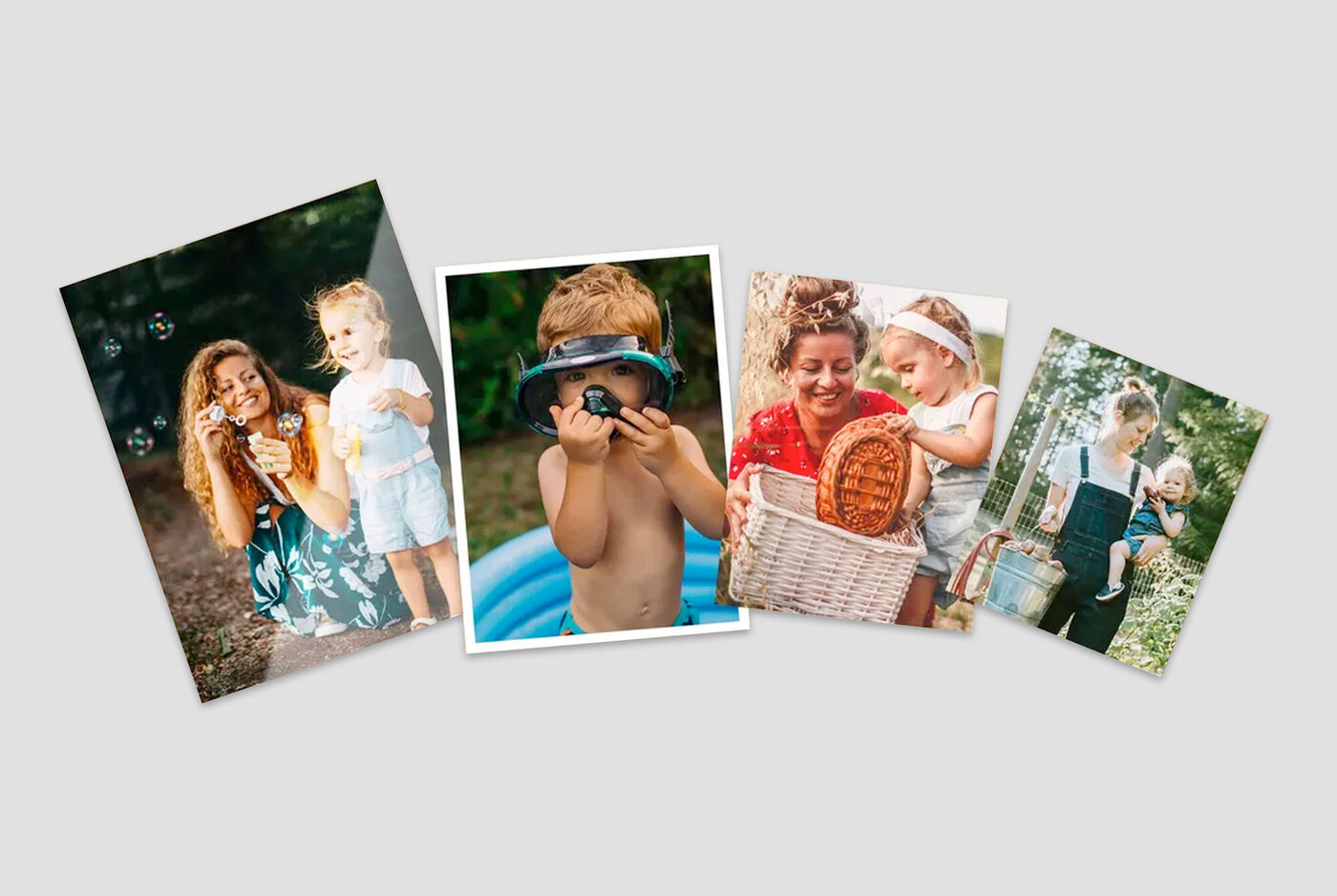 Quatre photos joyeuses d'enfants à l'extérieur s'amusant.