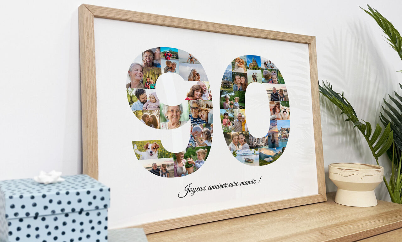 Affiche anniversaire personnalisée avec mosaïque de photos formant le nombre 90 dans un cadre en bois