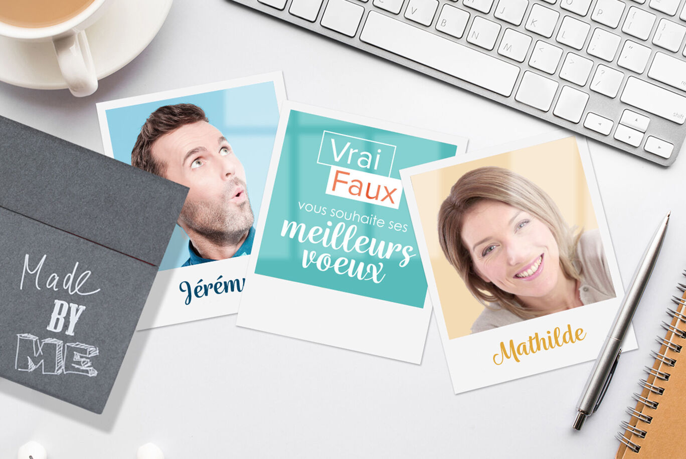 Trois cartes de vœux personnalisées avec souhaits de vacances et deux photos