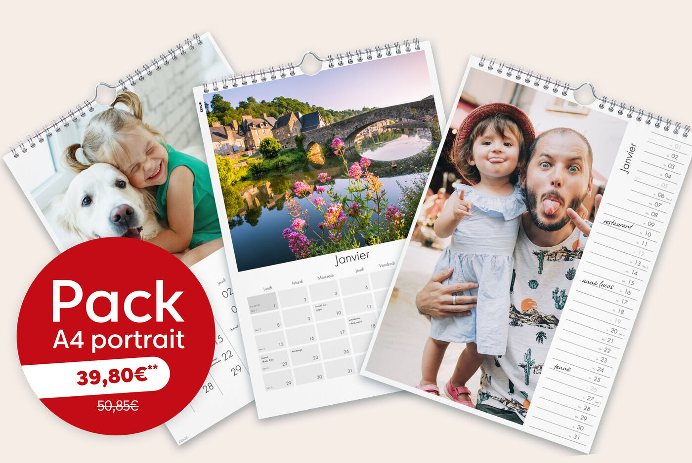 Pack de 3 calendriers photo muraux A4 portrait avec une offre à 39,80 € au lieu de 50,85 €