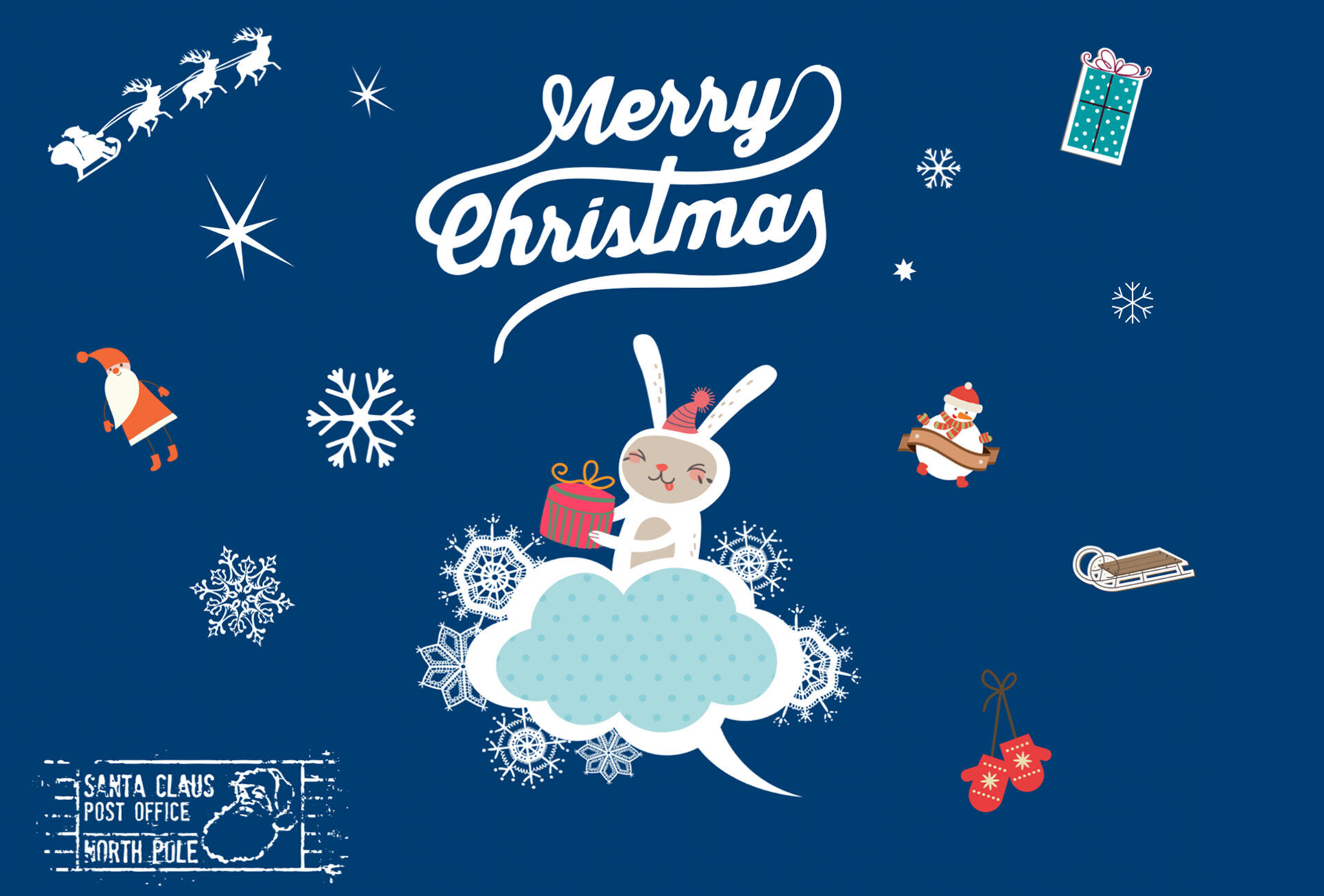 Joli design de Noël avec un lapin sur un nuage, tenant un cadeau, entouré de flocons de neige.