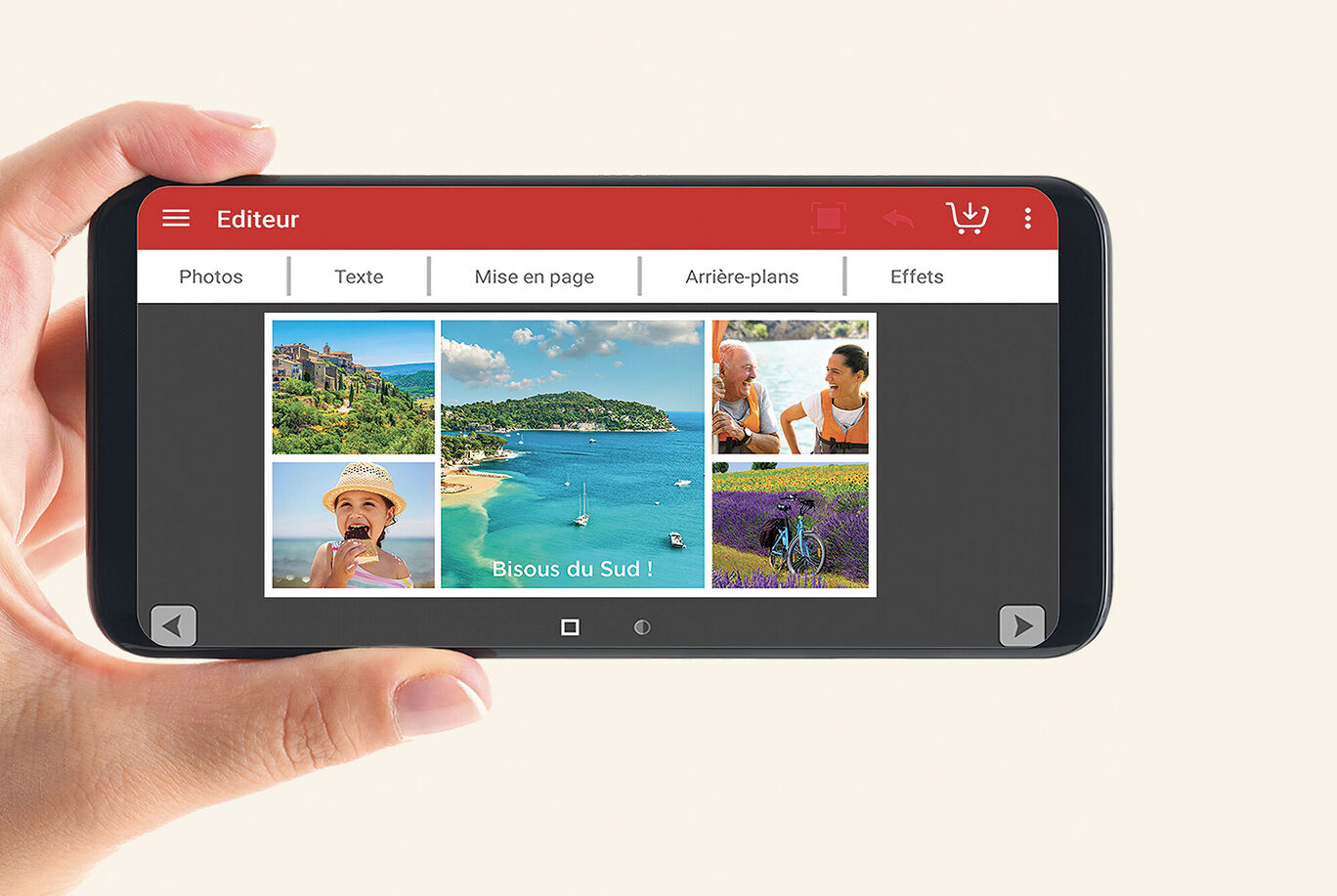 Un smartphone affichant une application de cartes de voeux CEWE avec des designs créatifs et des photos.