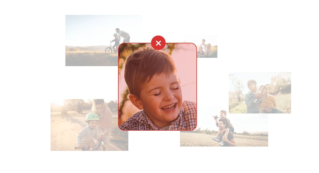 Un garçon à vélo traverse une prairie ensoleillée; des moments de famille heureuse en arrière-plan.