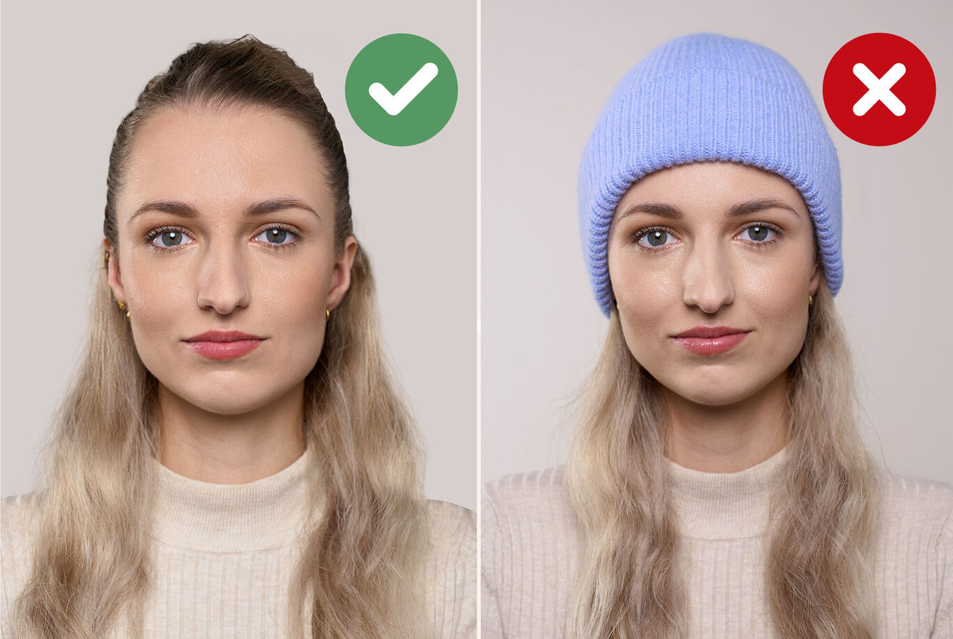 Deux femmes comparées, l'une sans couvre-chef et l'autre avec un bonnet bleu.