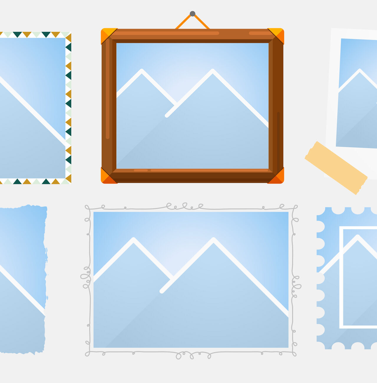 Différents cadres photo avec des motifs de montagne stylisés dans des couleurs douces.