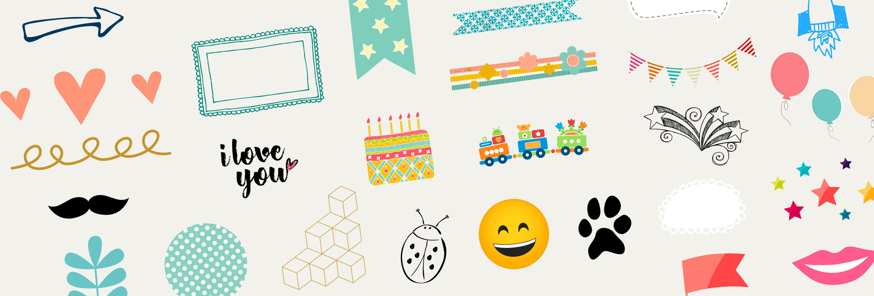 Graphique coloré avec divers cliparts comme cœurs, cadeaux, smileys et autres motifs joyeux