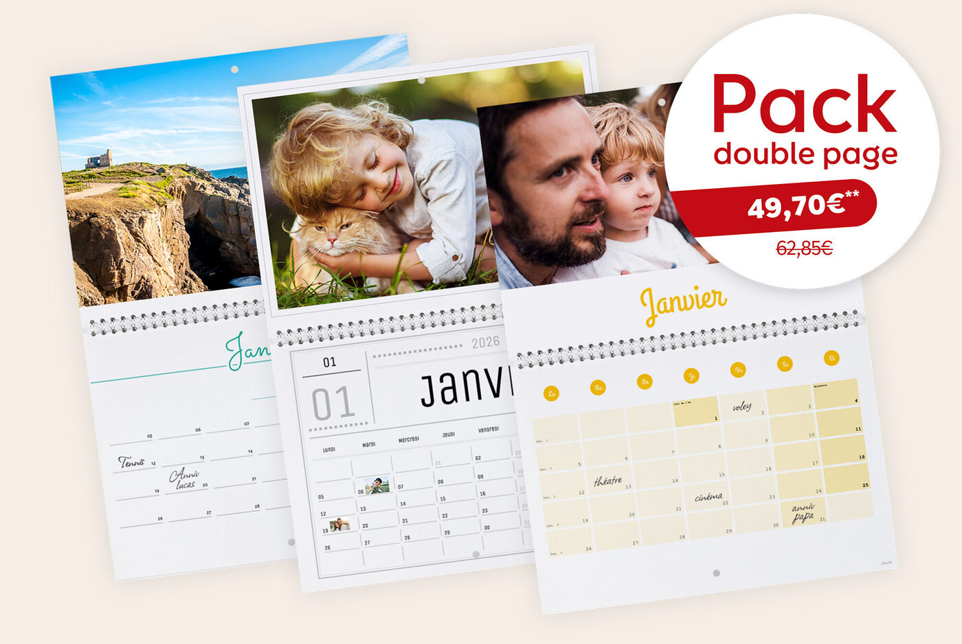 Pack de 3 calendriers photo double-page A3 avec une offre à 49,70 € au lieu de 62,85 €