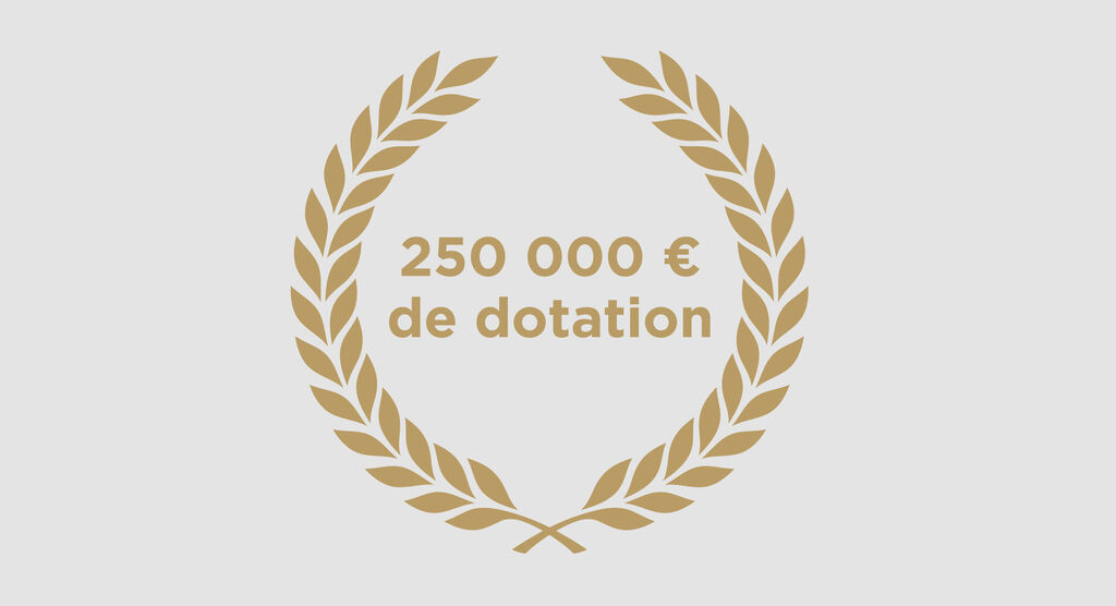 Un graphique de couronne de laurier dorée avec l'inscription 250 000 € de dotation
