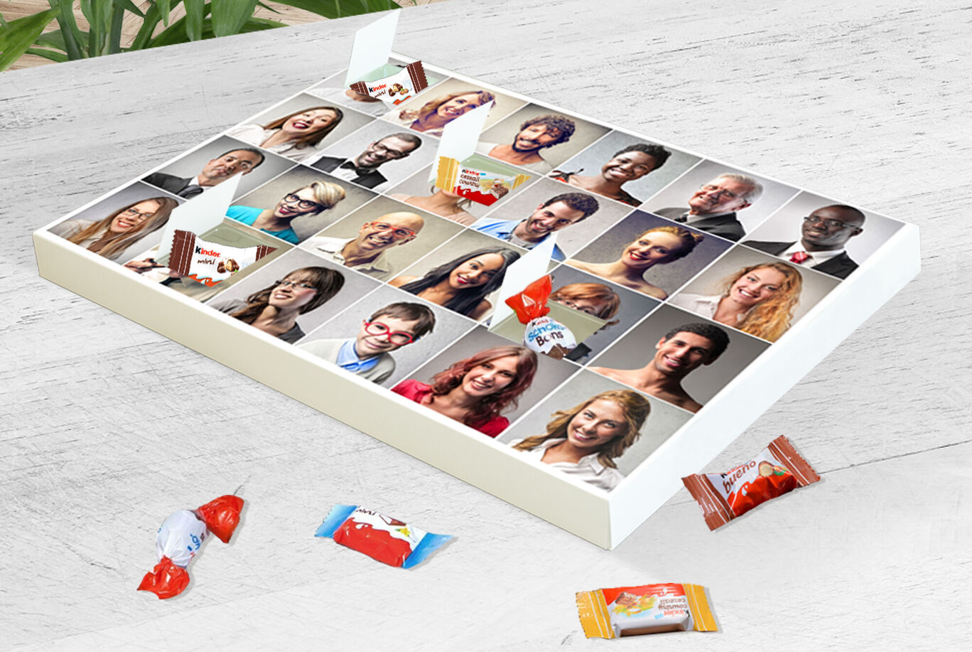 Un mélange créatif de photos et de sucreries dans un design de boîte cadeau.