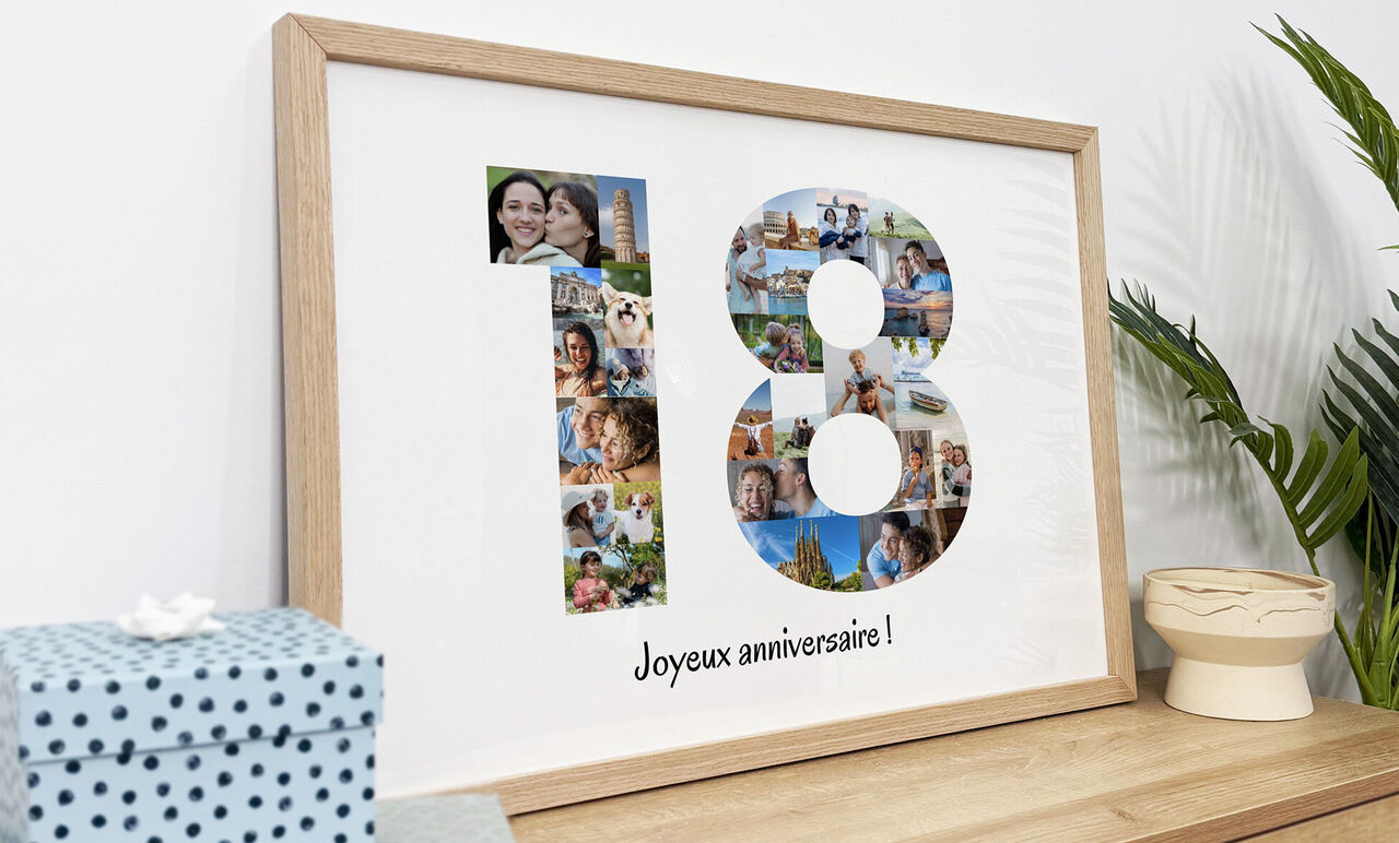 Affiche anniversaire personnalisée avec mosaïque de photos formant le nombre 18 dans un cadre en bois