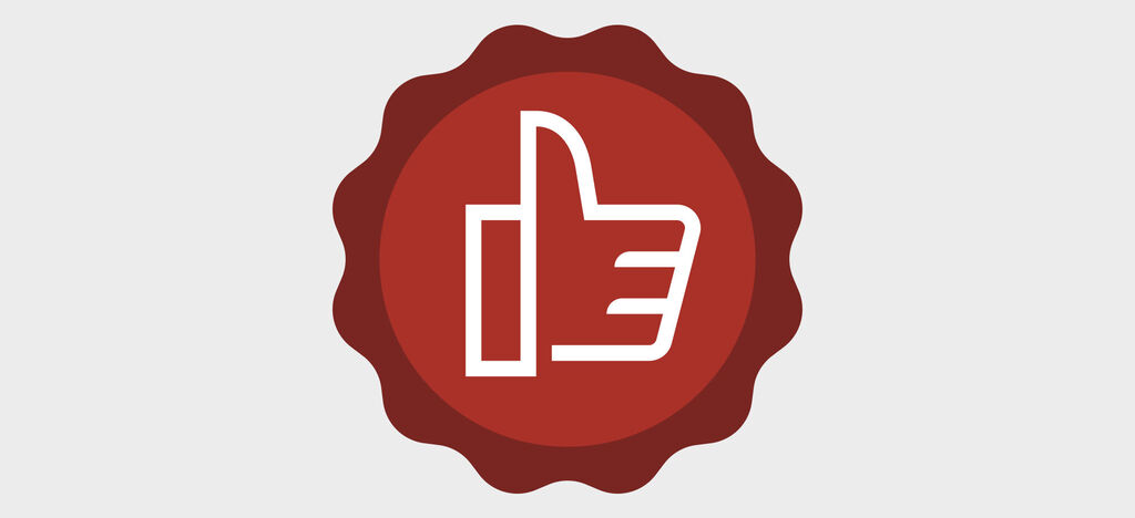Symbole du pouce levé dans un badge rouge, représentant l'approbation et la joie