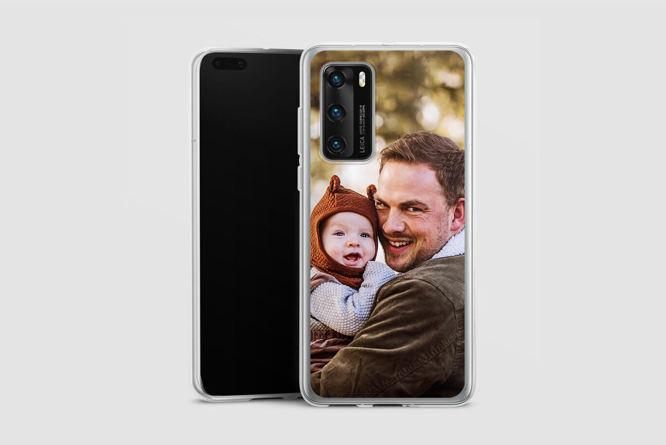 Une coque de téléphone de qualité présente une photo affectueuse d'un père avec son enfant.