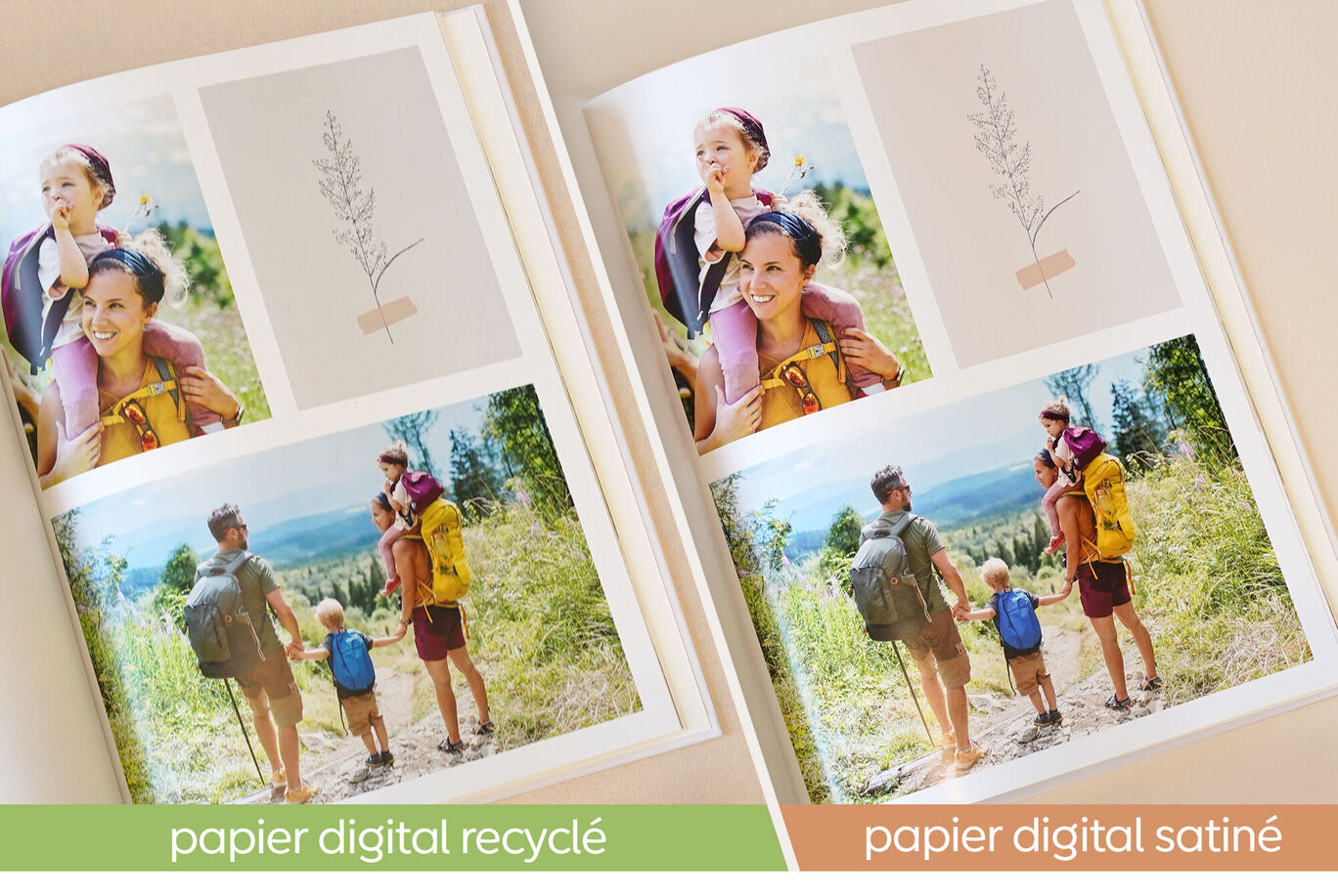 Deux pages d'un album photo avec différents types de papier et une famille dans la nature