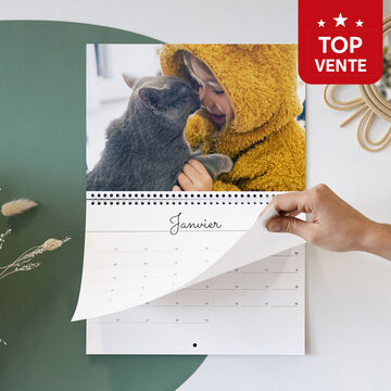 Un enfant en hoodie jaune câline un chat. Le calendrier montre janvier.