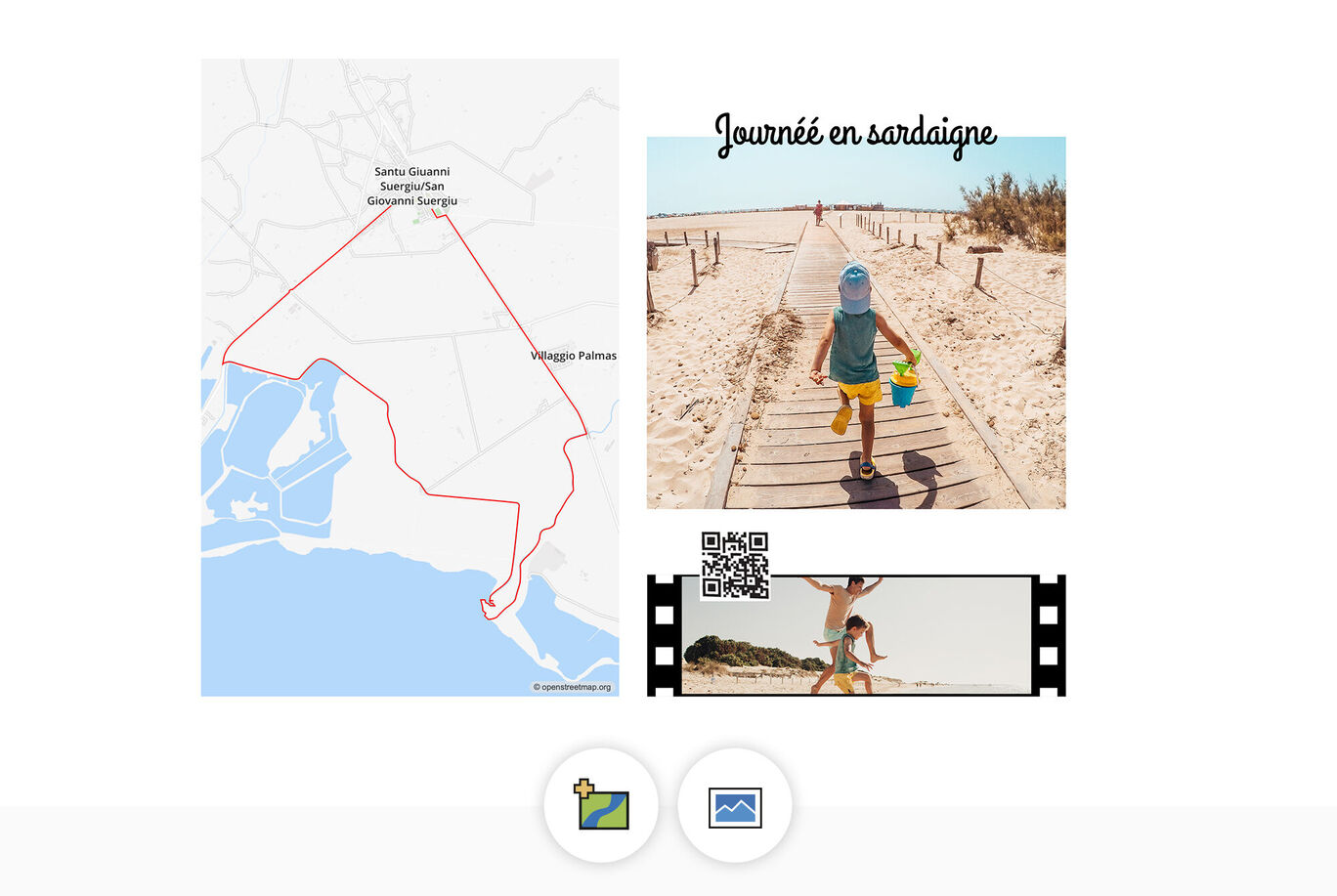 Une photo de paysage adaptée aux enfants avec une carte, une image d'un enfant à la plage et un code QR.