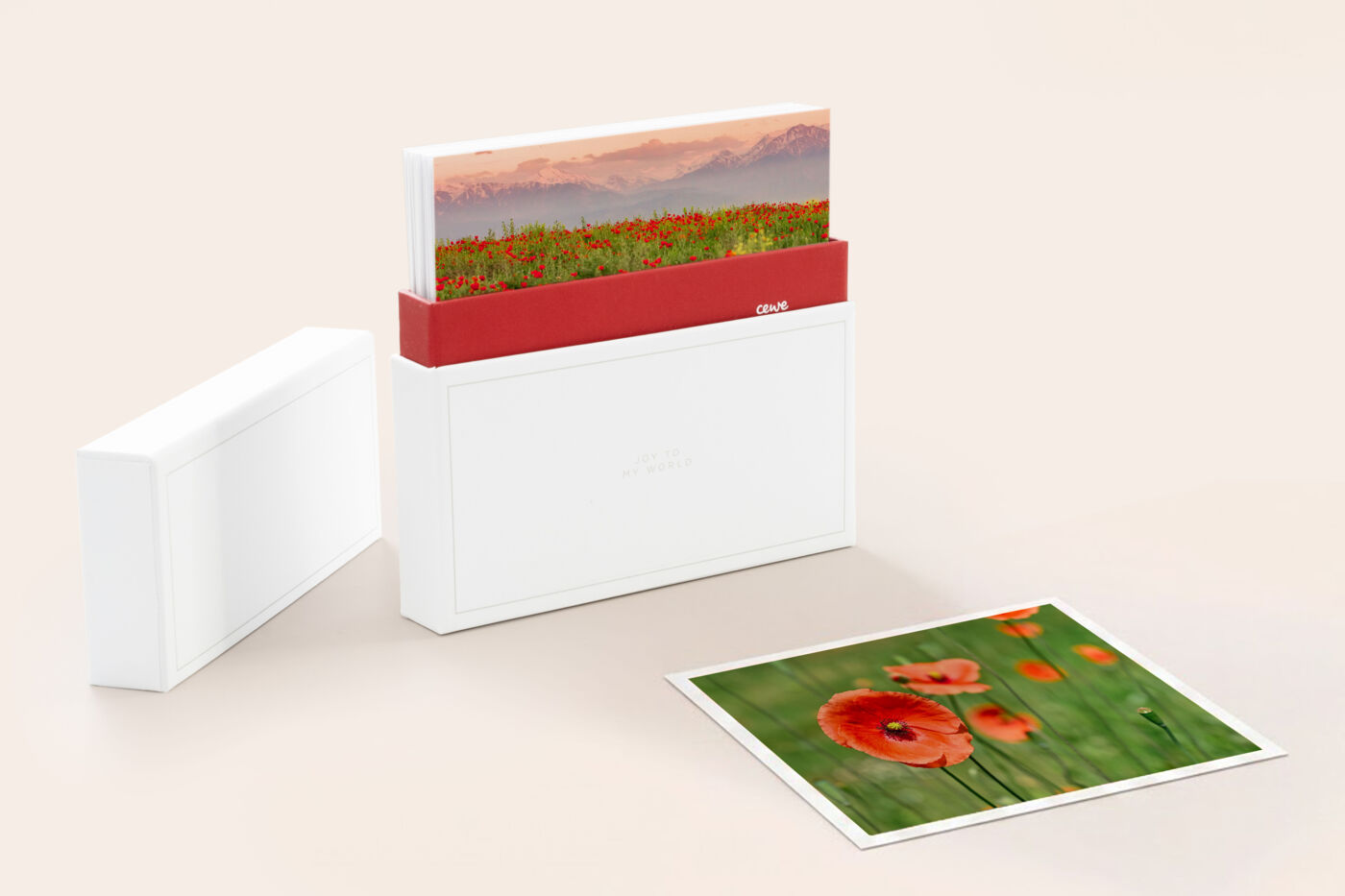 Tirages photo carrés rangés dans une boîte blanche et rouge