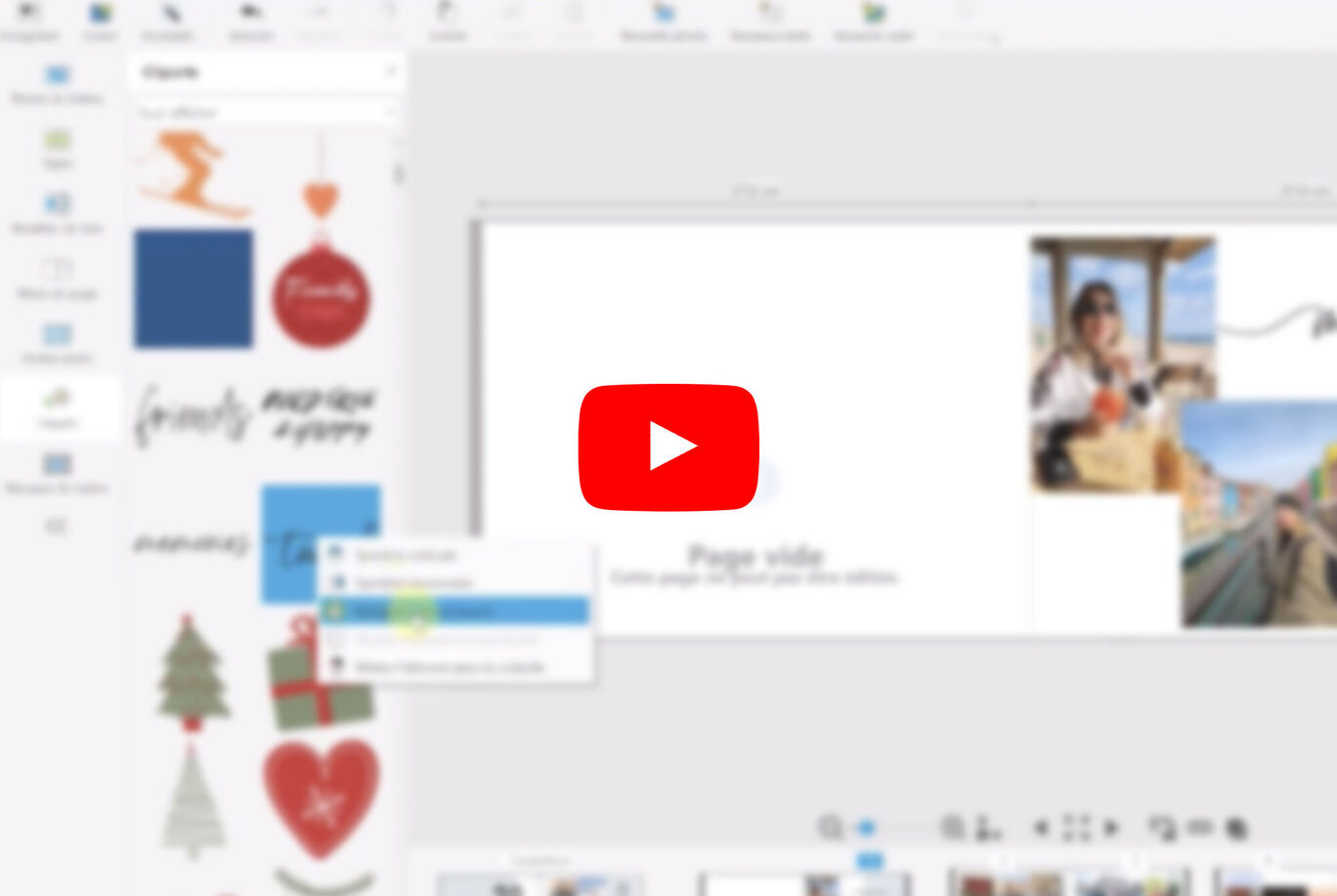 Une interface utilisateur avec une option de lecture vidéo, divers éléments de design comme couleurs et symboles festifs.
