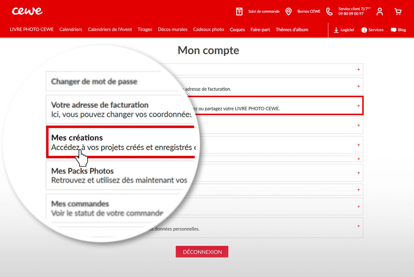Page de compte utilisateur avec "Mes créations" en surbrillance dans un navigateur web