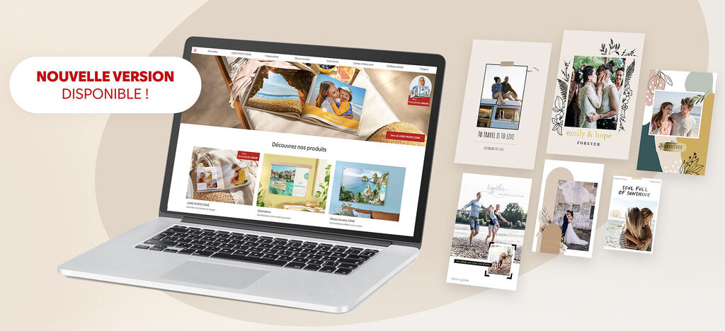 Ordinateur portable avec le site CEWE montrant des produits photo, entouré de cartes de vœux et livres photo CEWE.