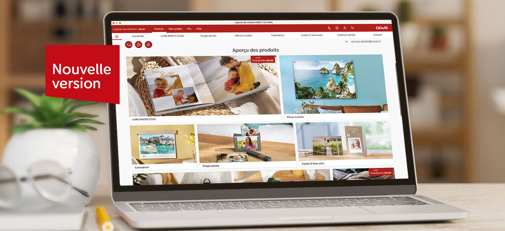 Capture d'écran de la nouvelle version du site CEWE présentant divers produits photo.