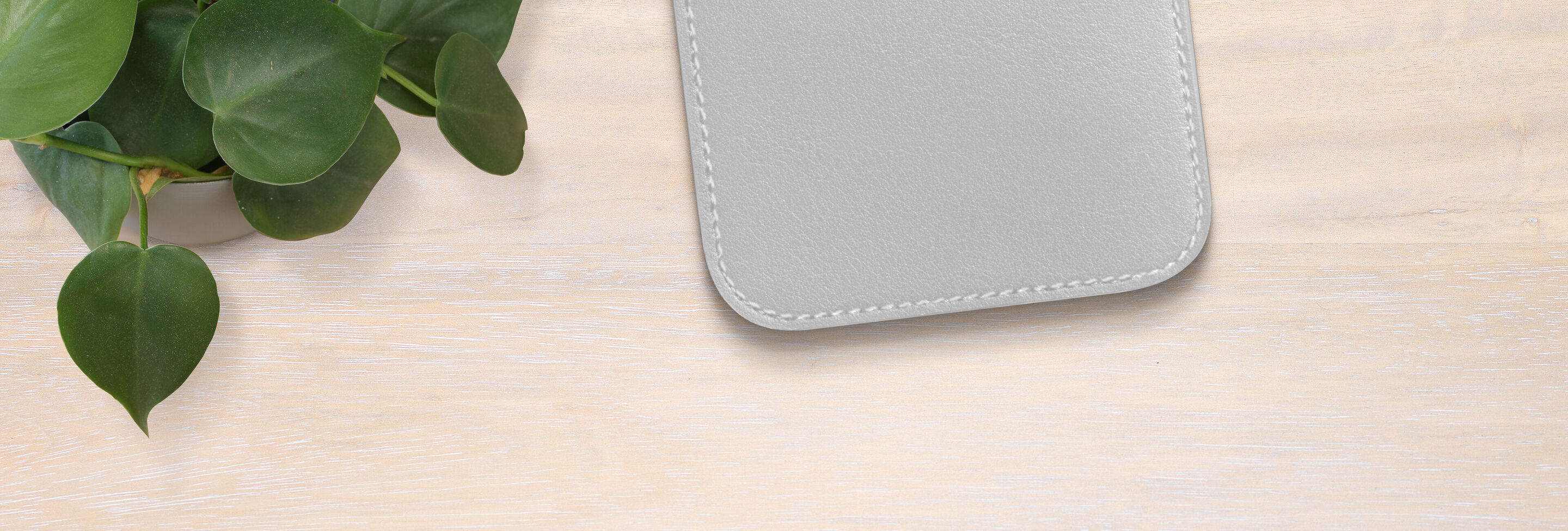 Un sous-verre gris sur une table claire à côté d'une plante.