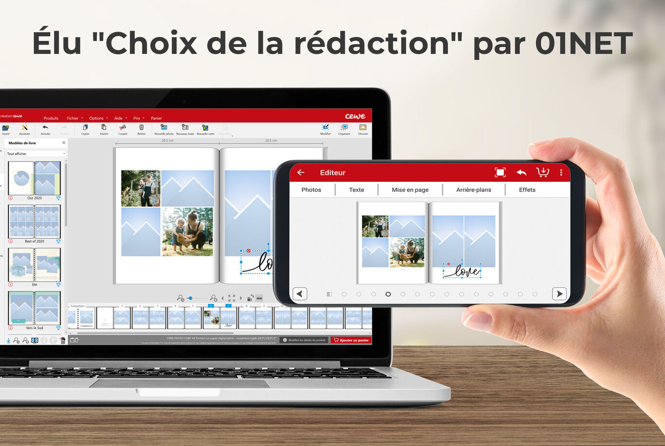 Une personne édite un livre photo sur le portable et le smartphone. L'image montre un aperçu des pages du livre photo avec images et graphiques.