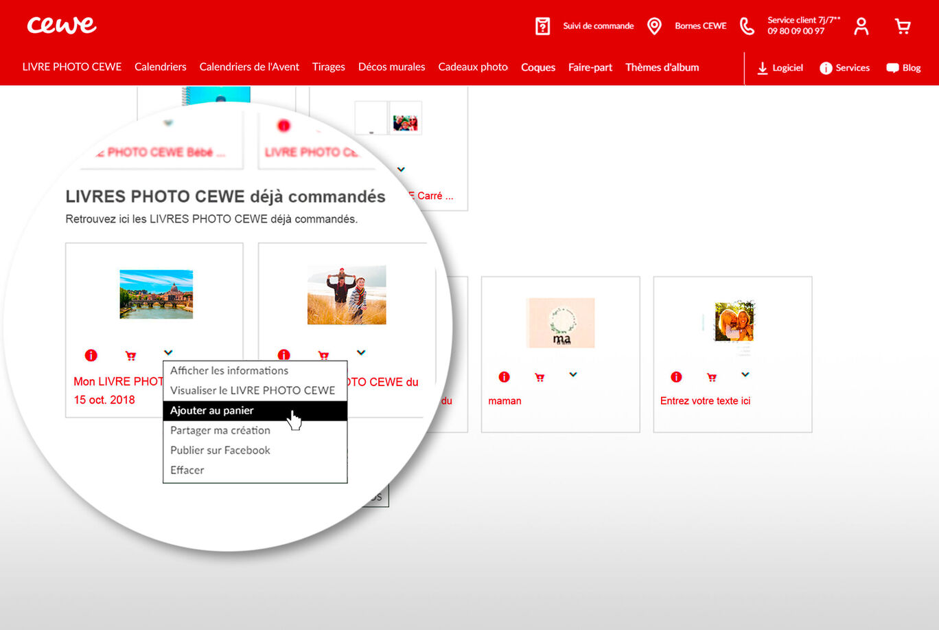 Aperçu des livres photos CEWE déjà commandés avec différentes photos.