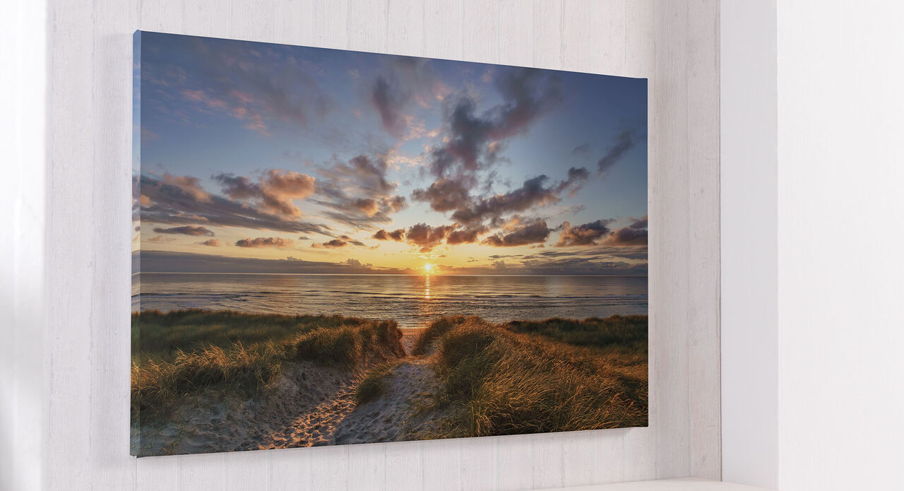 Beautiful wall picture of a beach sunset with grass by the sea.