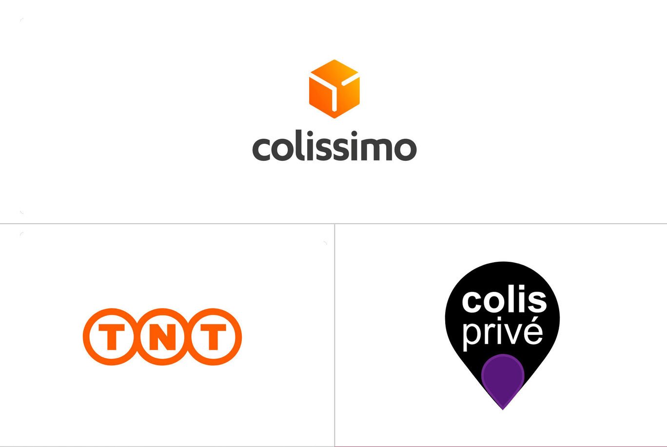 Logos des prestataires de services d'expédition Colissimo, TNT et colis privé