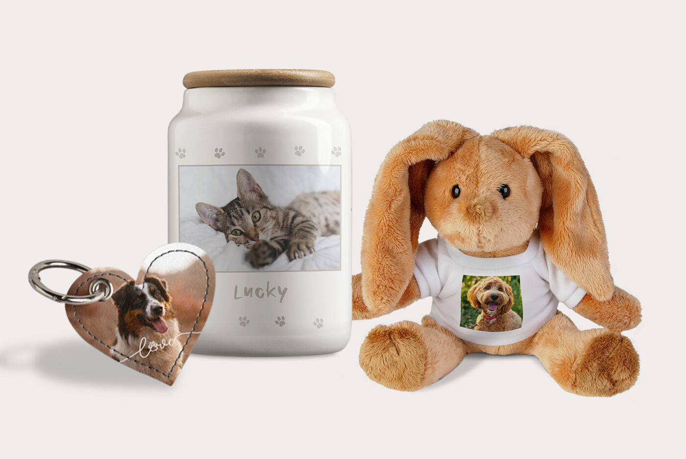 Cadeaux photo personnalisés : Boîte à biscuits, porte-clés cœur et lapin en peluche