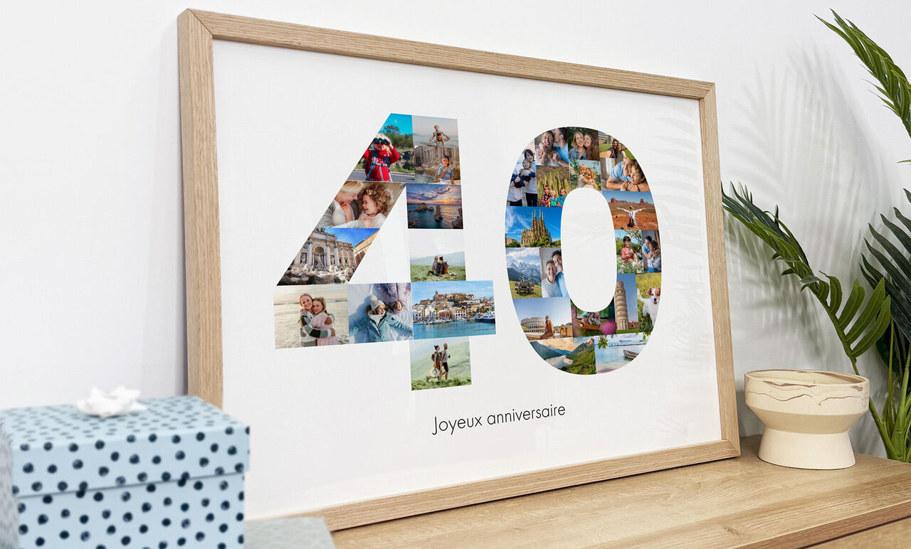 Affiche anniversaire personnalisée avec mosaïque de photos formant le nombre 40 dans un cadre en bois