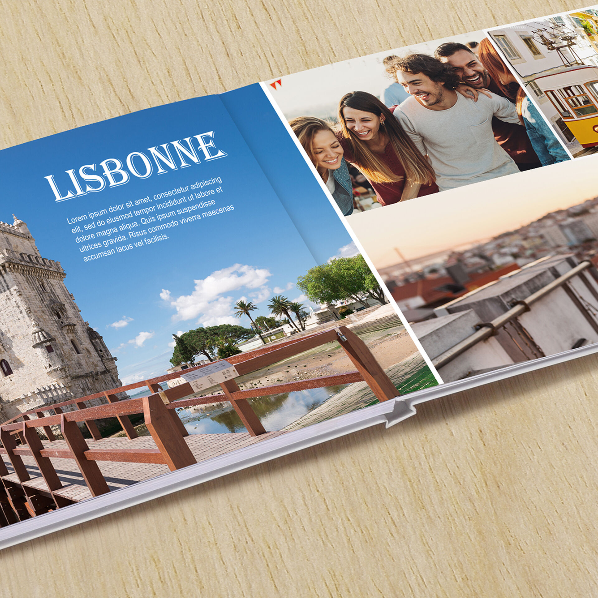 Livre photo voyage à Lisbonne, ouvert avec des photos de la ville