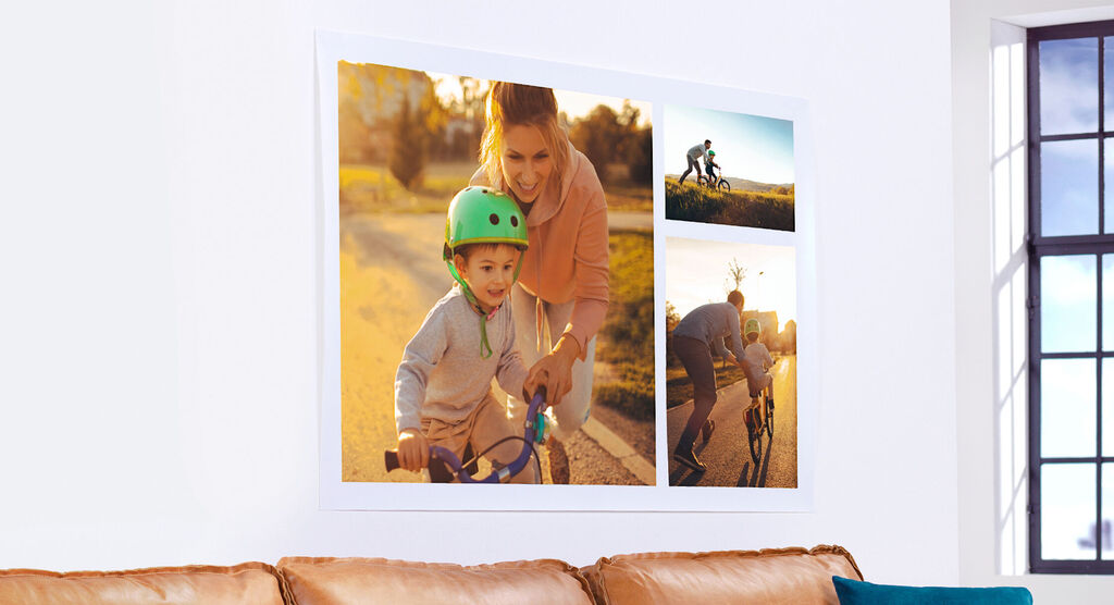 Une photo de famille avec un enfant à vélo et un adulte aidant. C'est une journée ensoleillée au parc.